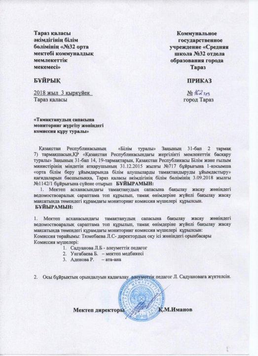 Тамақтанудың сапасына мониторинг жүргізу жөніндегі оммиссия құру туралы бұйрық